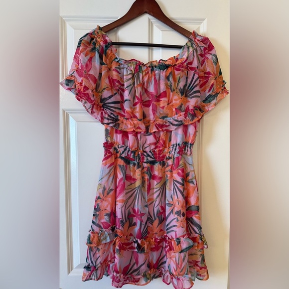 Jessica Simpson off Shoulder Ruffle Tropical Print Dress Size Large - Picture 4 of 13